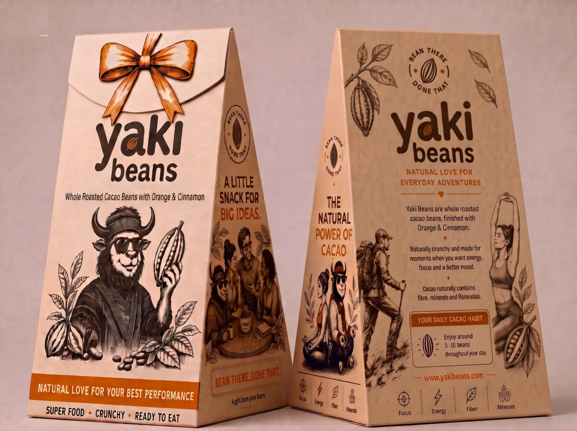 Yaki Beans triangular gift packs of roasted cacao beans with orange and cinnamon