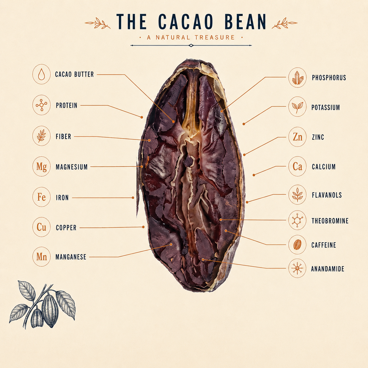 Diagram of what is inside a cacao bean: cacao butter, protein, fiber, magnesium, iron, copper, manganese, phosphorus, potassium, zinc, calcium, flavanols, theobromine, caffeine and anandamide