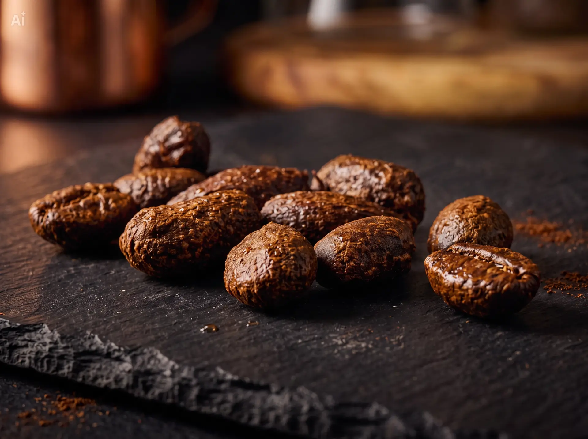 Close-up of roasted cacao beans on dark slate