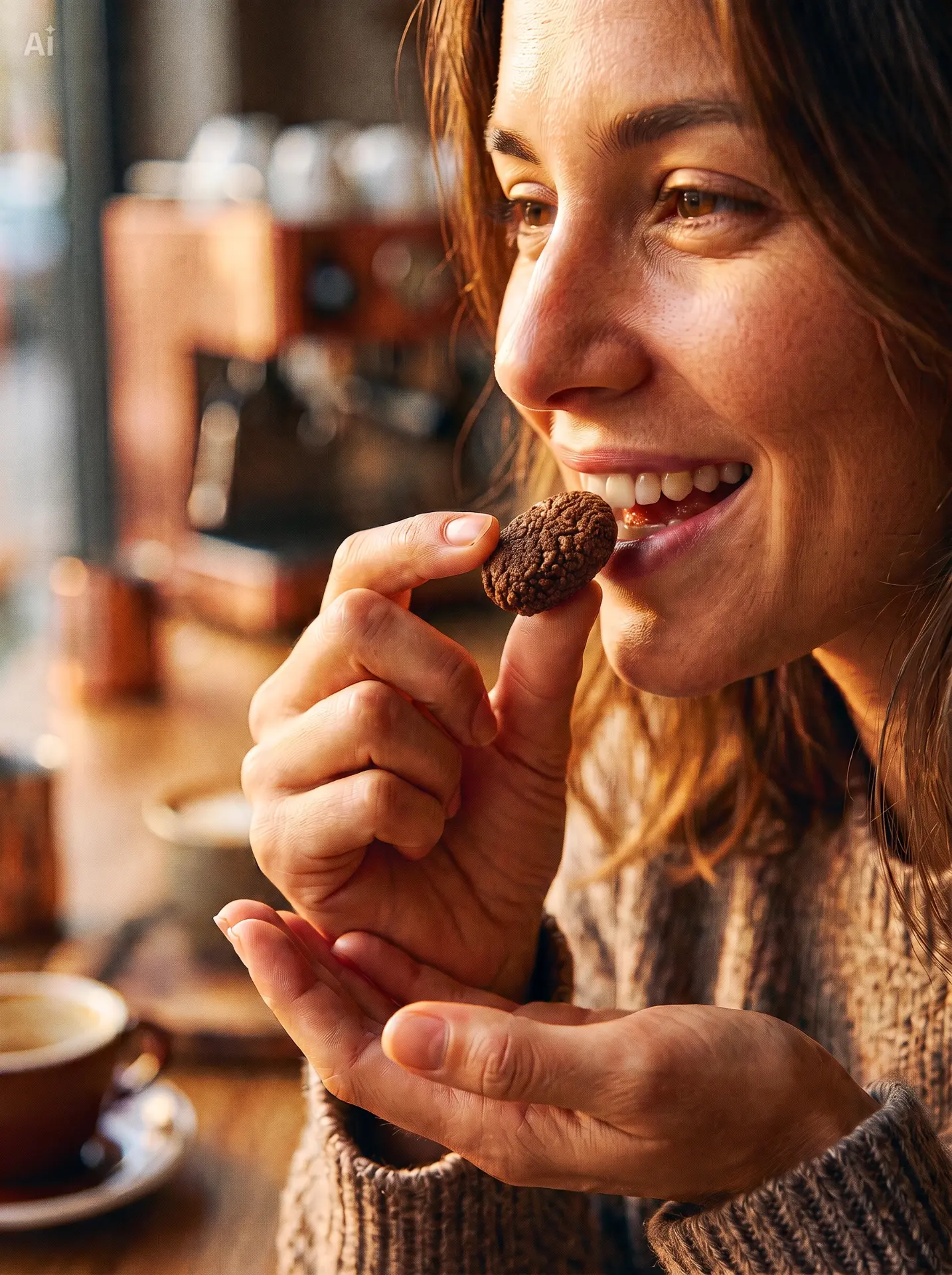 Woman enjoying a roasted cacao bean in a cafe