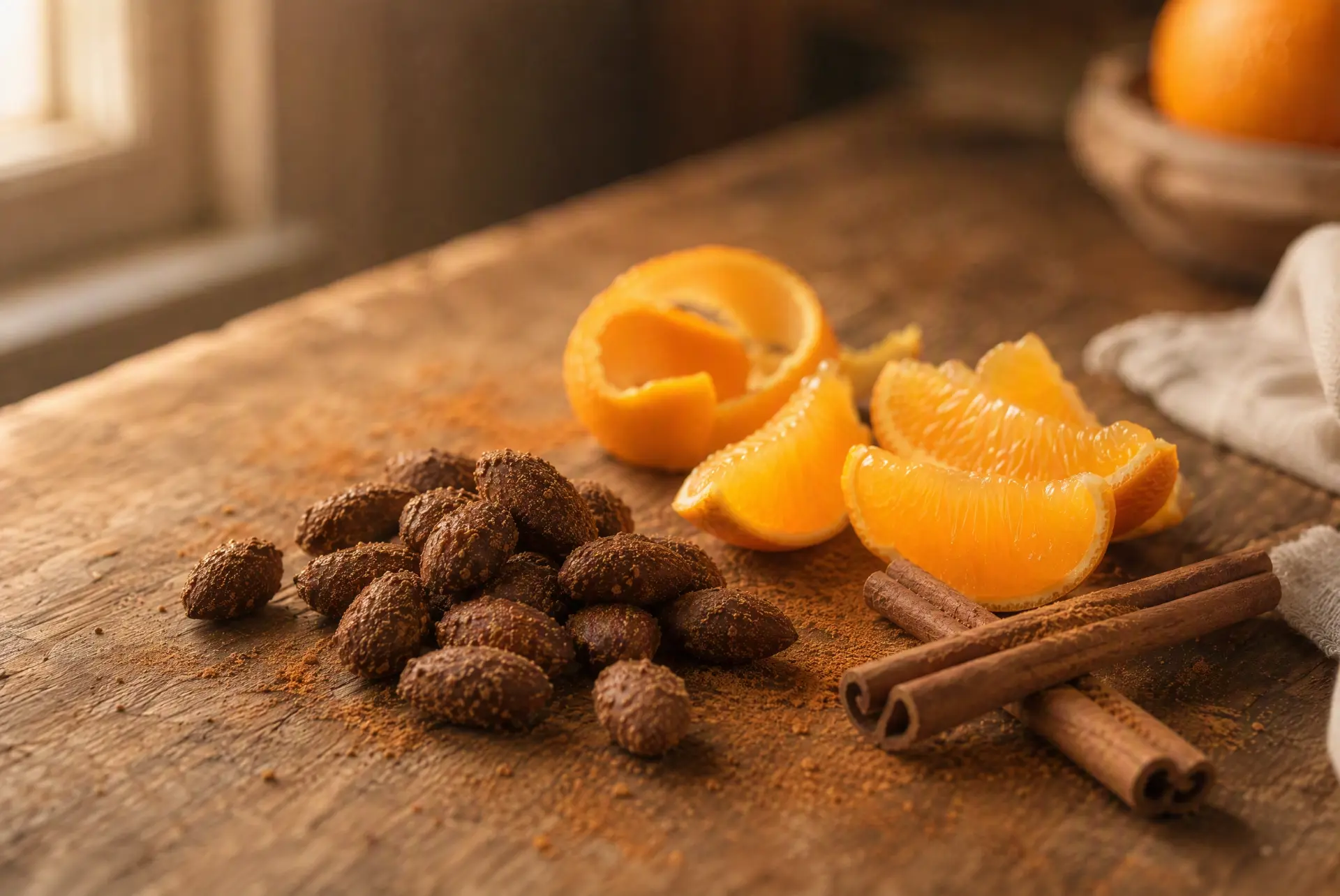 Roasted cacao beans in a wooden bowl with orange slices and cinnamon