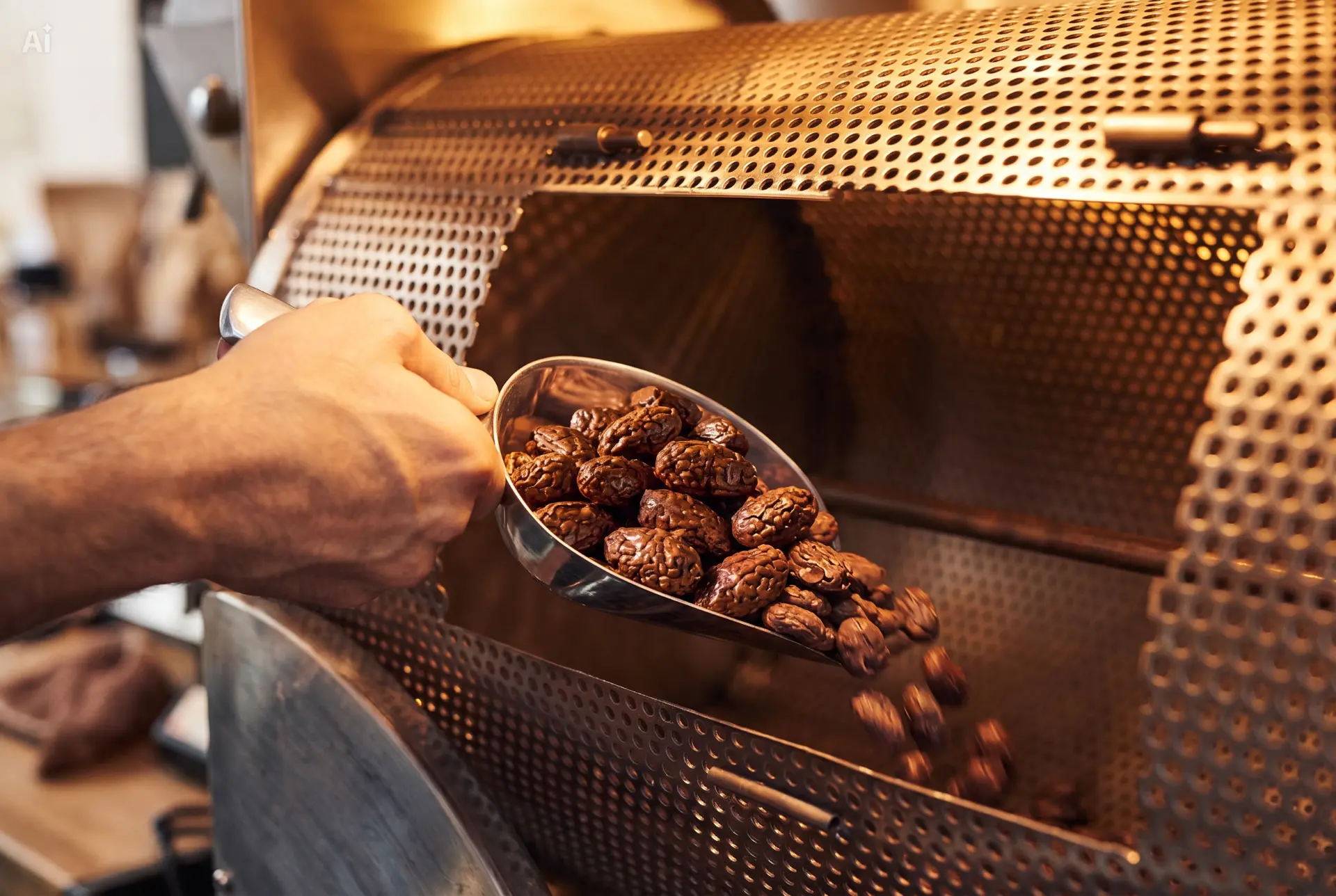 Freshly roasted cacao beans scooped from the roaster
